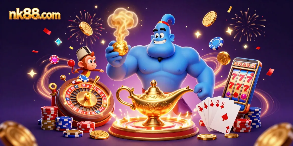 Experience thrilling gameplay with nk88com's casino magic, featuring a genie, poker chips, and golden coins!