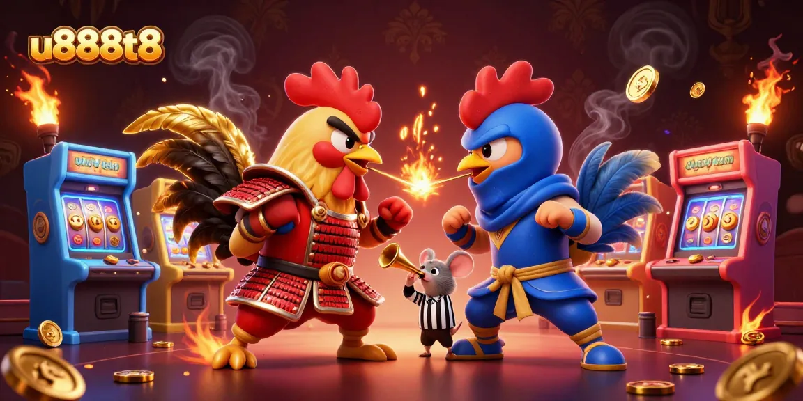 Experience thrilling action at u888t8 with dynamic 3D cartoon fighting roosters in a vibrant casino scene.