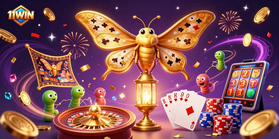 Win big with 11WIN as the atlas moth takes flight over a bustling casino scene.