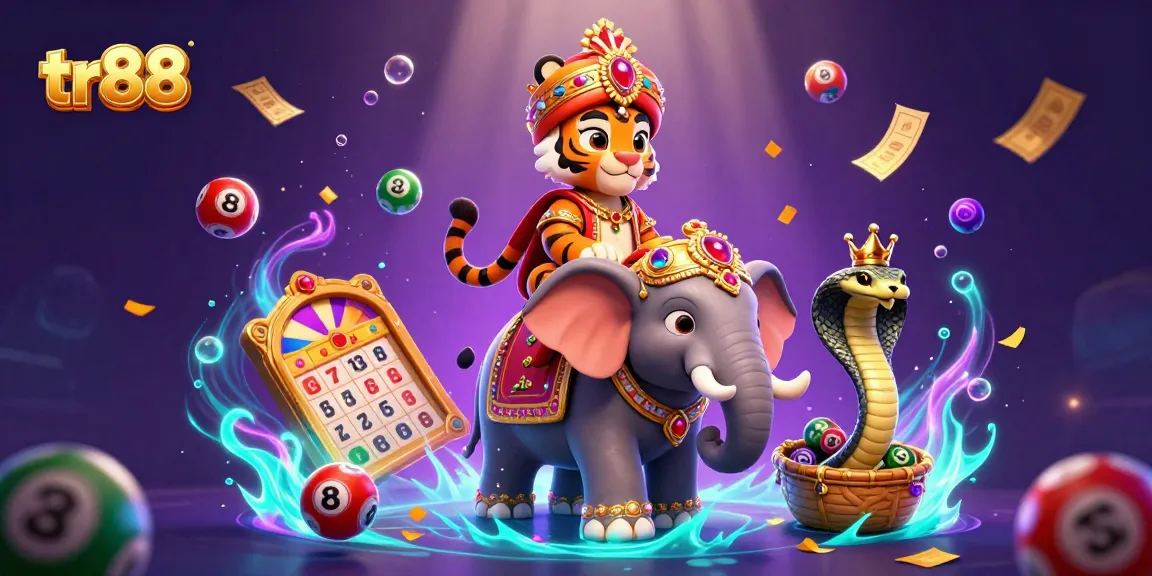 Experience thrilling moments at tr88 with a vibrant scene of a maharaja tiger, elephant, and dazzling lottery elements.