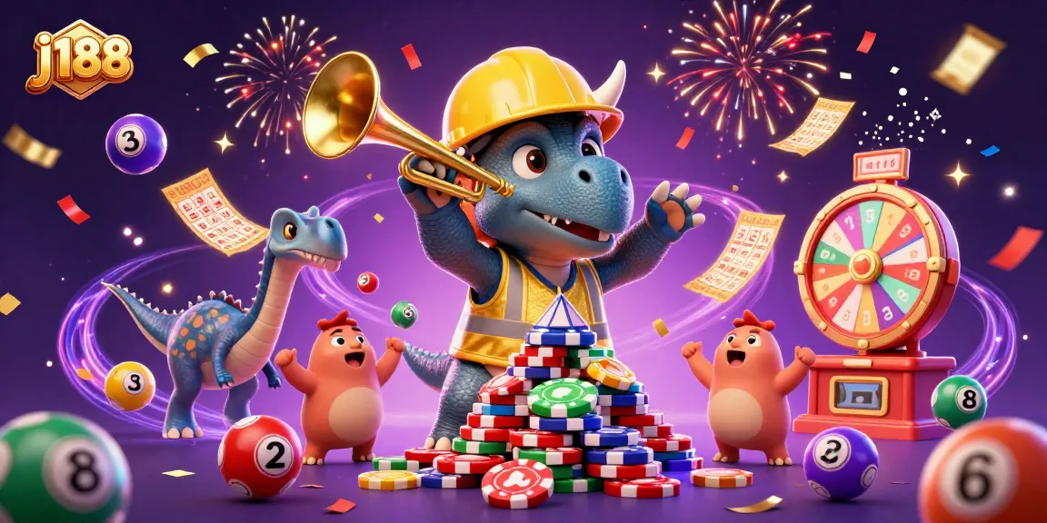 Join the celebration at j188 as a triceratops builds poker chip pyramids amidst a vibrant lottery scene.