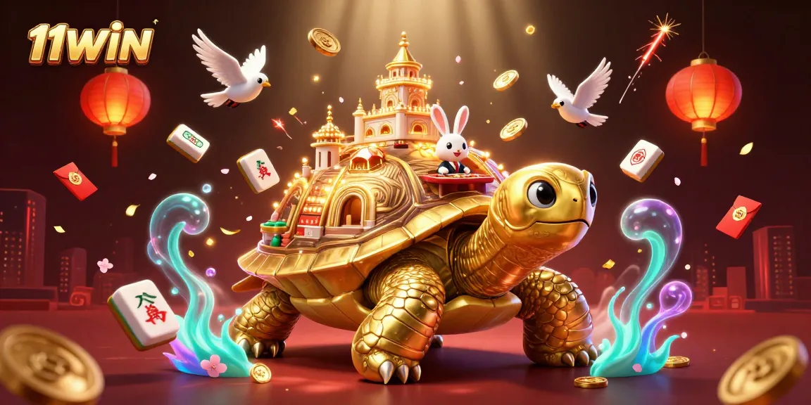 11WIN showcases a vibrant casino scene with a golden tortoise, rabbit dealer, and dynamic game elements.