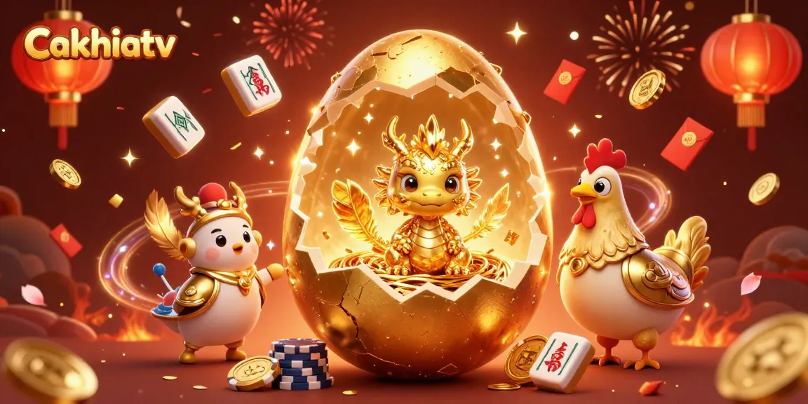 Cakhiatv showcases a spectacular 3D illustration of a golden dragon emerging from an egg amid poker chips and festive elements.
