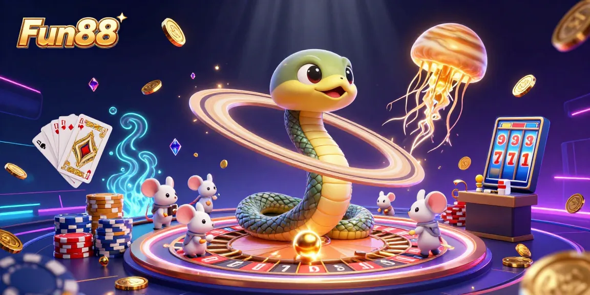 Engage in Fun88 with a vibrant casino scene featuring astronaut mice betting and a cosmic dealer.
