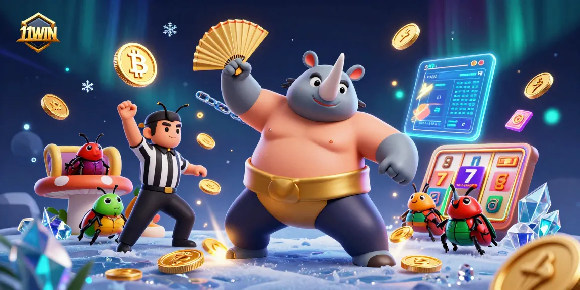 Experience thrilling wins at 11WIN with the dynamic 3D cartoon sumo beetle illustration capturing casino excitement.