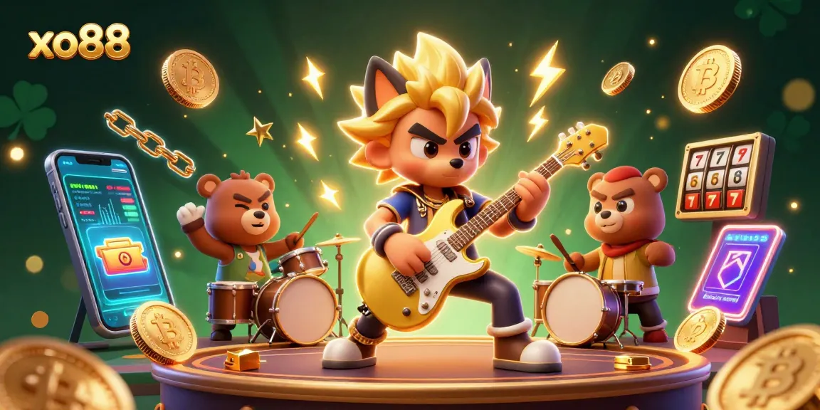 Experience excitement with xo88 as a rock star wolf captivates on stage amidst vibrant casino elements.