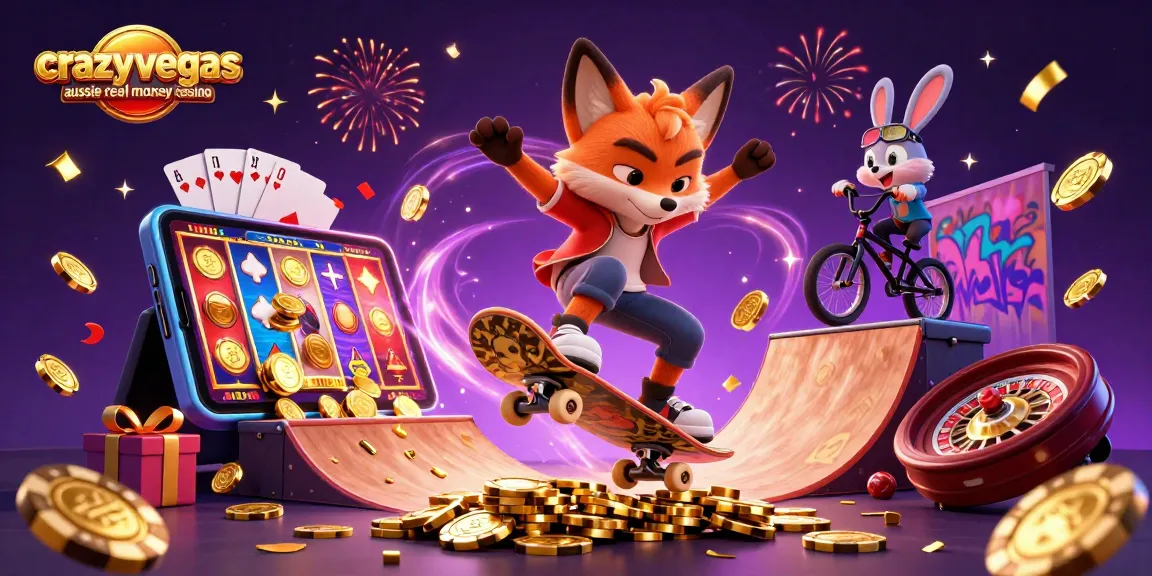 Experience the thrill of the crazyvegas aussie real money casino with vibrant casino symbols and dynamic characters.