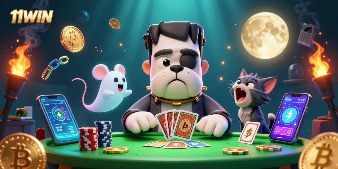 11WIN showcases an exciting scene with monster characters dealing cards and crypto elements.