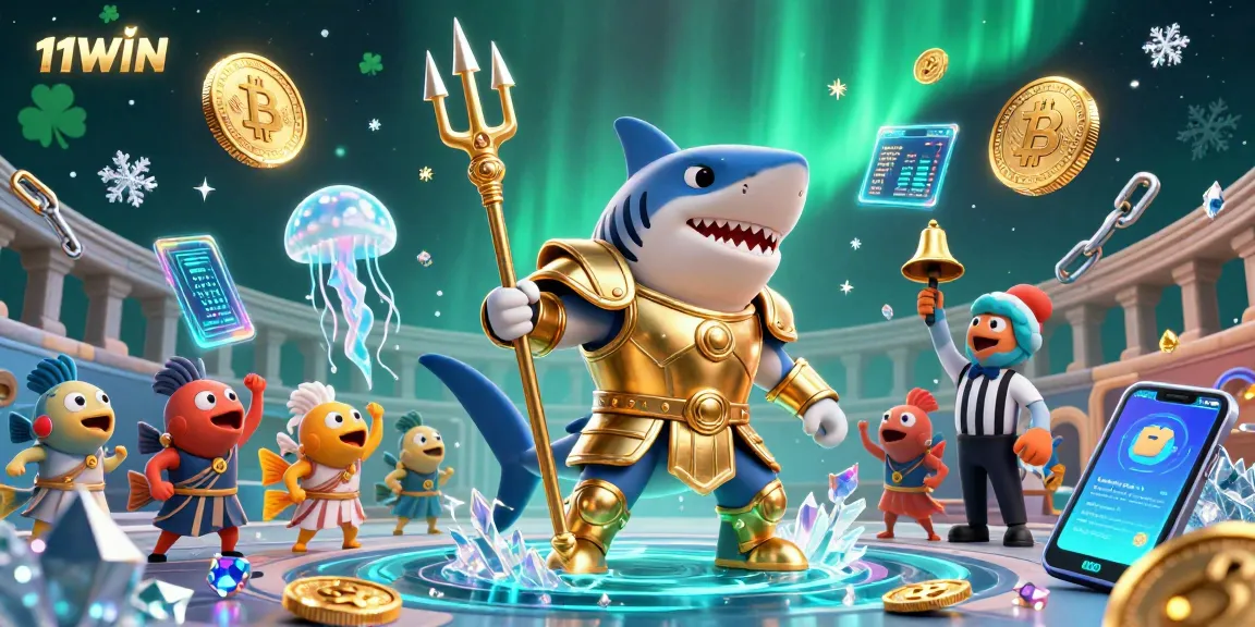 Unleash the excitement of the 11WIN casino with vibrant 3D cartoon illustration showcasing a gladiator tiger shark.